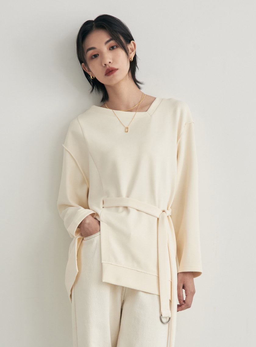 不規則剪裁腰帶長版衛衣